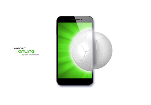 watch football on you smart phone mobile, white football with green background