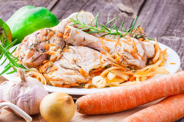 Raw chicken stuffed with herbs and vegetables