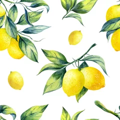 Fototapete Küche Ein nahtloses Zitronenmuster auf weißem Hintergrund.