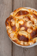 Traditional festive bread/Festive baked bread on table background