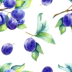 Aluminium Prints Watercolor fruits A seamless plum pattern