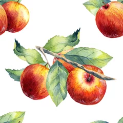 Behang Aquarel fruit Een naadloos patroon van de appeltak op witte achtergrond.