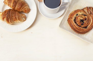 Breakfast background, Croissant and Chocolate danish 