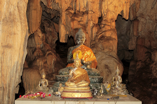 Stalactite rock formations in Lawa Cave. Kanchanaburi province, Thailand 