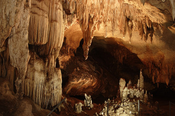 Stalactite rock formations in Lawa Cave. Kanchanaburi province, Thailand 