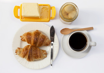 Continental breakfast set on white background