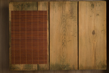 Cookbook background table/ Brown mat on wooden picnic table