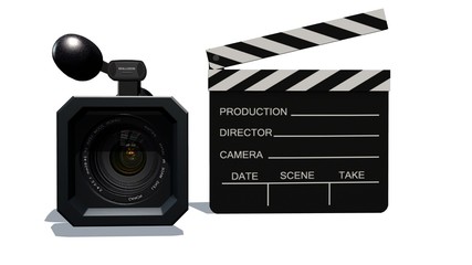 Fototapeta premium clapper board and HD camera isolated on white background