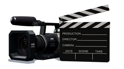 Fototapeta premium clapper board and HD camera isolated on white background