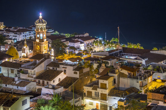 Mexico, Puerto Vallarta, At Night, Downtown With Church Tower