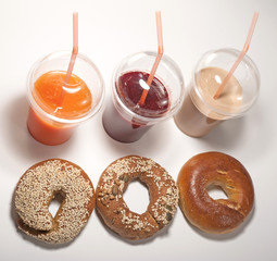 delicious assorted bagel and fruit juice