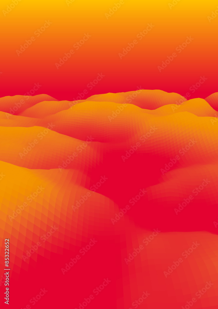 Poster orange abstract background with low-poly, polygonal triangular landscape and orange sky for web, pre