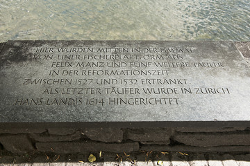 Gedenktafel für den hingerichteten Wiedertäufer Felix Manz, Zürich, Schweiz