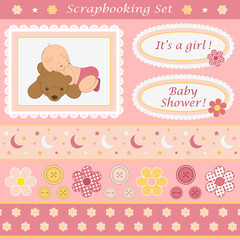 Digital scrapbooking set for baby girl. Design elements for your layouts or scrapbooking projects. Vector illustration.