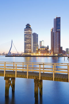 Netherlands, County of Holland, Rotterdam, View to Erasmus bridge, Kop van Zuid, pier in front