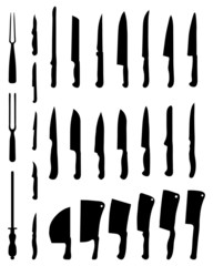 Black silhouettes of kitchen knives and cleavers, vector