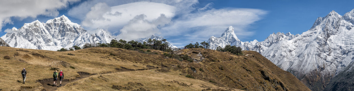 Nepal, Khumbu, Everest region, Namche Bazaar, view into the Khumbu valley with Everest and Ama Dablam