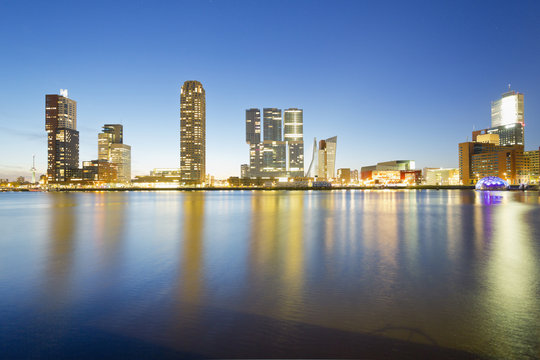 Netherlands, County of Holland, Rotterdam, View over Rijnhaven to the skyline of Kop van Zuid, Wilhelminapier