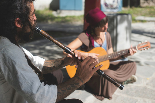 Bulgaria, Plovdiv, street musician playing flute