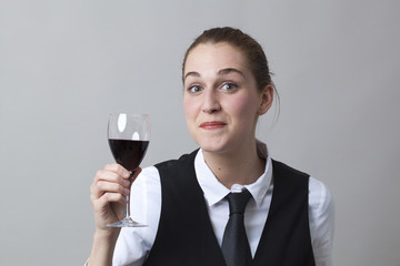 Beautiful young woman wearing uniform of wine waitress delighted by taste of red wine