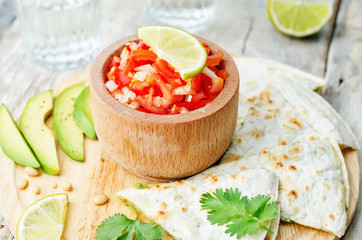 tomato salsa, Pico de Gallo, with cilantro pesto quesadilla