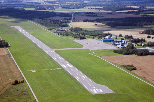 Estonia, runway of a small airport near Tartu, aerial view