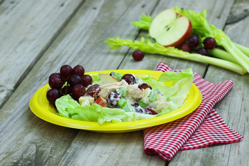 Chicken fruit salad on rustic wooden table