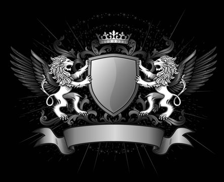 Lions Holding Shield Dark Emblem