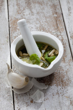 Mortar with ingredients of pesto
