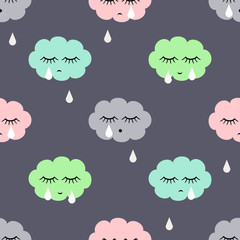 Seamless pattern with sad crying clouds and drops. Cute baby shower vector background. Child drawing style.