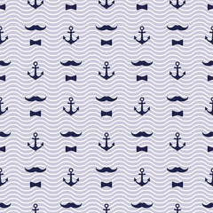 Obraz premium Anchor, Bow Tie and Mustache Seamless Pattern for Fathers Day. Cute waves vector background. Baby style captains illustration.