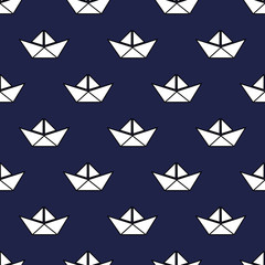 Seamless nautical pattern with white paper boats. Baby style vector illustration. Cute origami ship background.