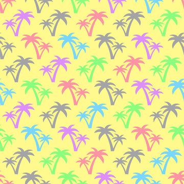 Cute summer multicolor background. Seamless Pattern with Coconut Palm Trees. Endless Print Silhouette Texture. Tropical forest illustration.