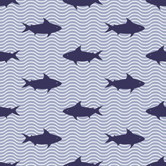 Seamless pattern with sharks and ocean waves. Nautical background. Cute Sea Life illustration.