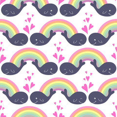 Fototapeta premium Cute seamless pattern with cartoon whales in love and rainbows. Vector illustration. Baby shower design. Bright childish card. Summertime concept card. Love concept background.