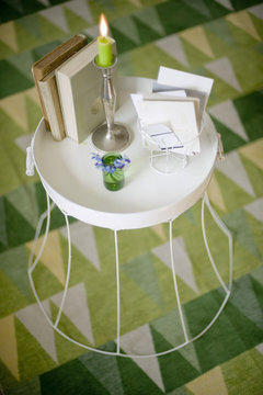 Upcycled old lampshade used as side table