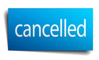 cancelled blue square isolated paper sign on white