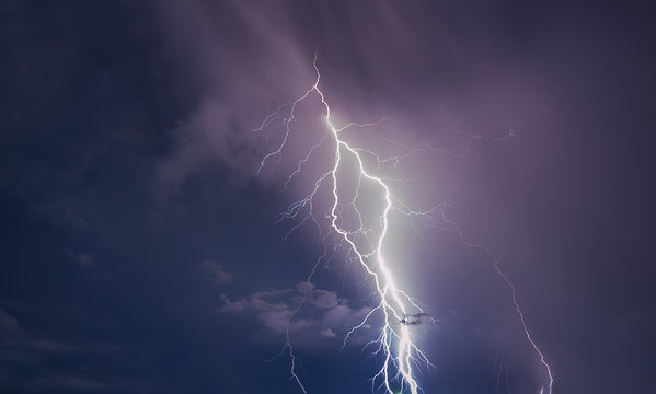  Thunderstorm with lightning bolts on the Thai island