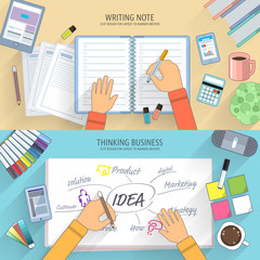 Flat design concept writing and thinking on desktop with element business. Vector illustrate.
