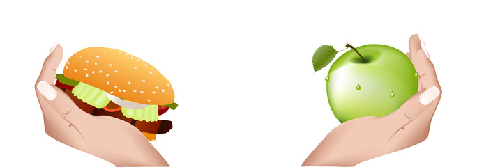 Unterschiedliche Ernährung: Zwei Hände präsentieren die  Nahrungsmittel Hamburger und Apfel