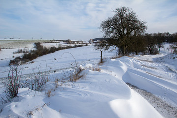 Winter landscape. Fields covered with the first snow.