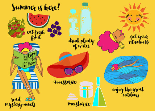 Summer Tips - Illustrated cartoon-style summer tips, recommending eating fresh fruit, drinking plenty of water, swimming, moisturizing, sunbathing and reading mystery novels, hand drawn vector