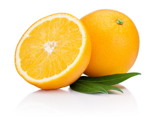 Fresh Orange fruit with half and leaves isolated on white backgr