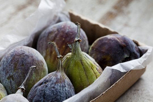 Cardboard box of figs, close-up