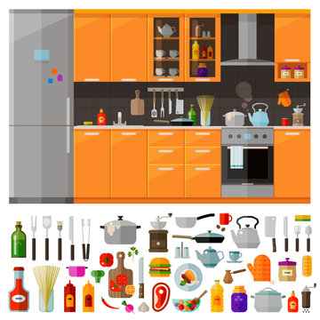 modern kitchen icons set. vector. flat illustration