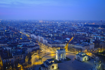 Italy, Milan, cityscape with Arco della Pace in the evening