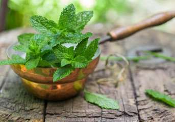 Fresh mint on a wooden table. The rustic style. Selective focus