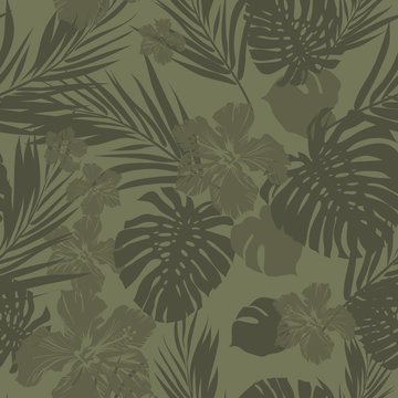 Tropical seamless monochrome khaki camouflage background with