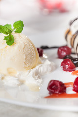 dessret with fruit and vanilla ice cream