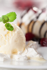 pancake with fruit and vanilla ice cream